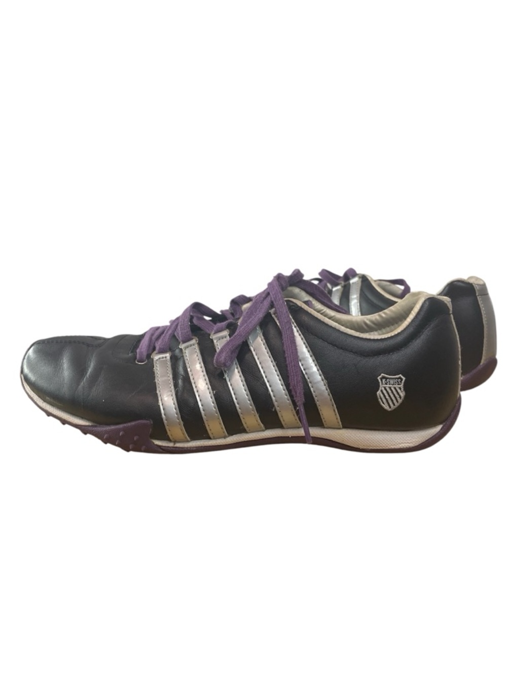 K-Swiss Retro Black Athletic Sneakers with Silver Stripes and Purple Laces